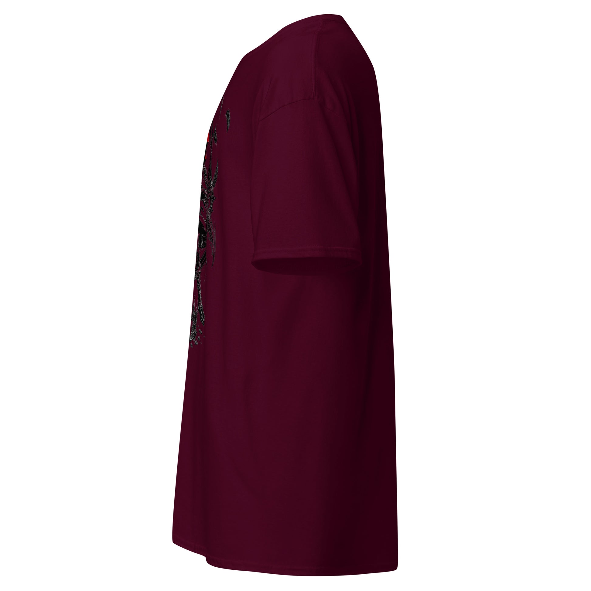 Side view of Maroon Crowsworn Crimson Scythe T-shirt showing the sleeve, relaxed unisex fit and front artwork edge.