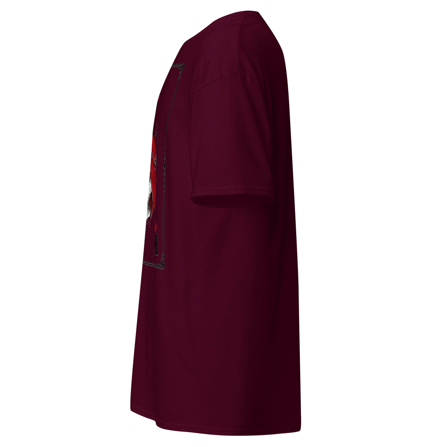 Left side view of the Maroon Crowsworn Masked King T-shirt showing the side print detail