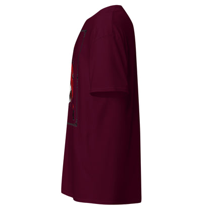 Left side view of the Maroon Crowsworn Masked King T-shirt showing the side print detail