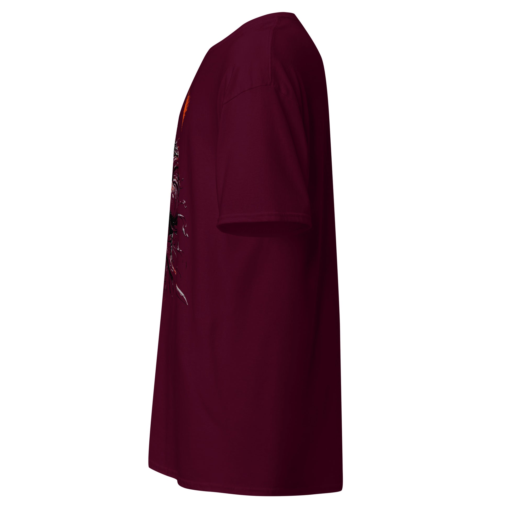 Left side view of The Blood of Dawnwalker Coen Sword T-Shirt highlighting maroon side seam and classic tee fit