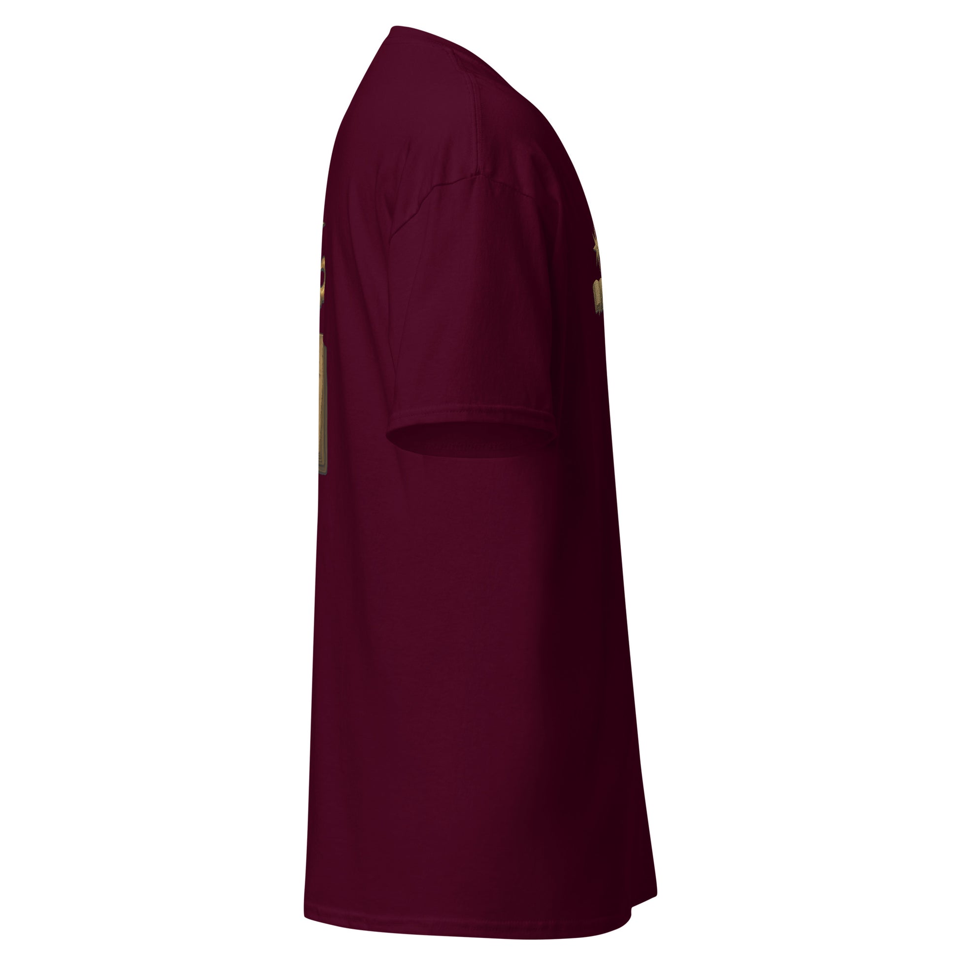 Right side view of the Maroon Oblivion Mages Guild Shirt – Arcane Emblem Design showing side profile and sleeve shape