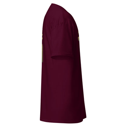 Right side view of the Maroon Oblivion Mages Guild Shirt – Arcane Emblem Design showing side profile and sleeve shape