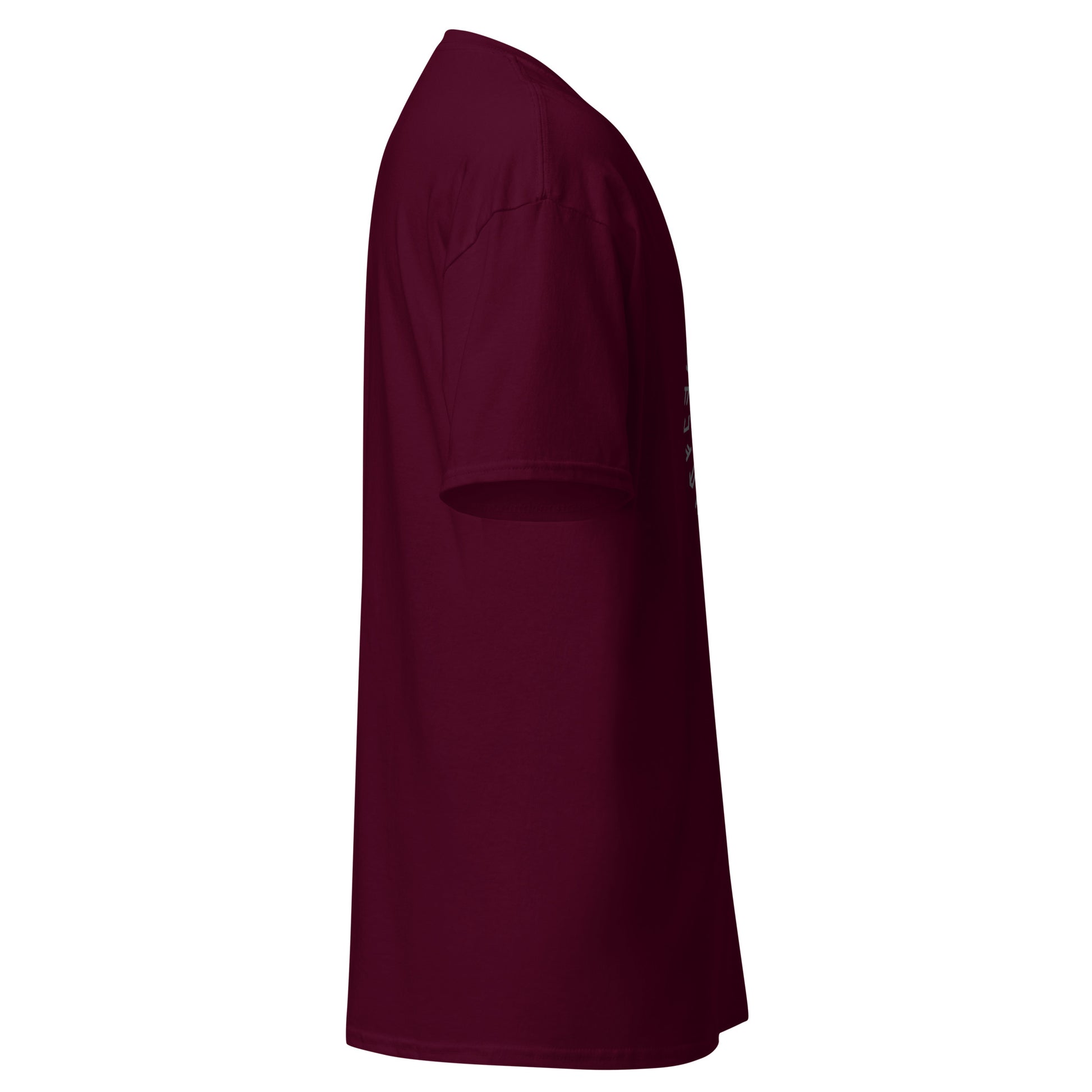 Right side view of the Maroon Oblivion Guilds Shirt – Faction Crest Design showing side profile and sleeve shape