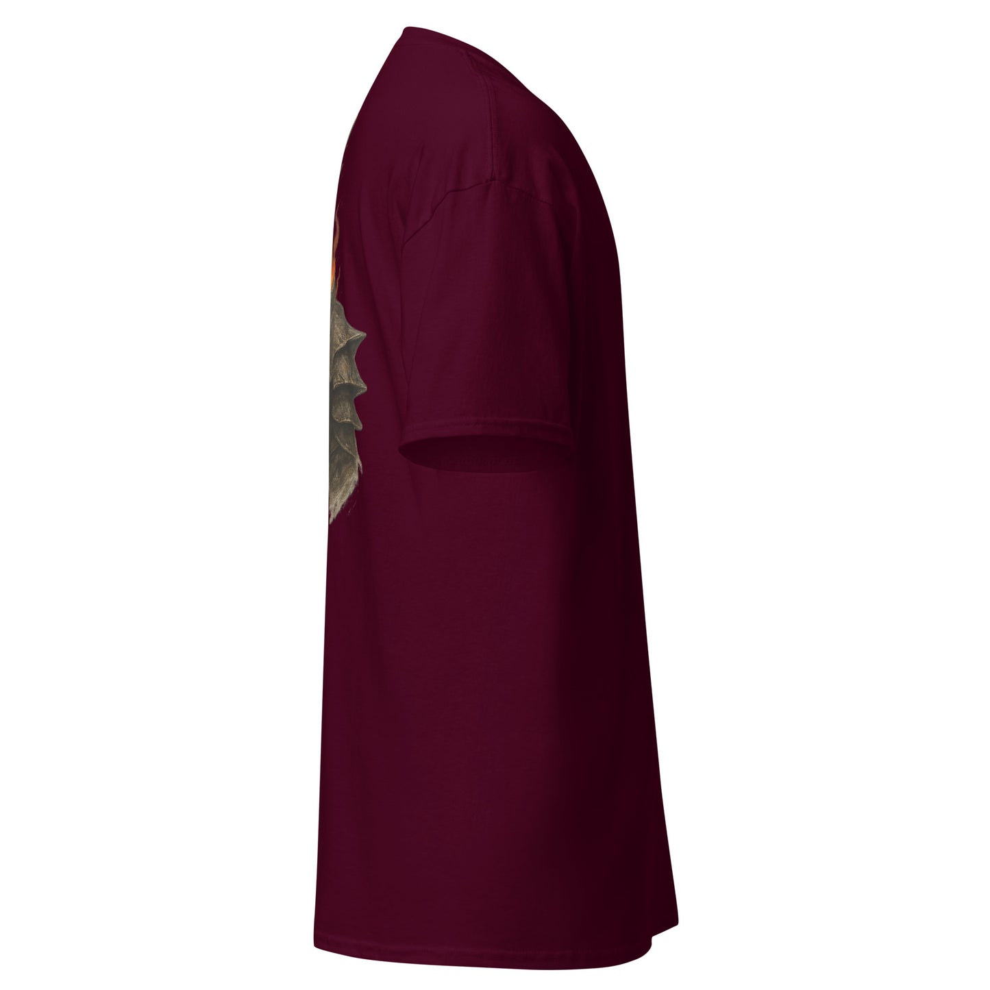 Right side view of the Maroon Oblivion Imperial City Shirt – White Gold Tower Design showing side profile and sleeve shape