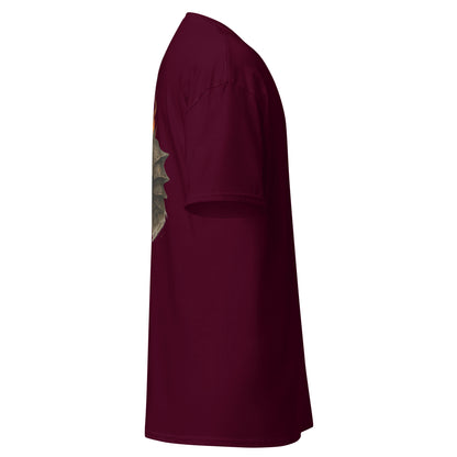 Right side view of the Maroon Oblivion Imperial City Shirt – White Gold Tower Design showing side profile and sleeve shape