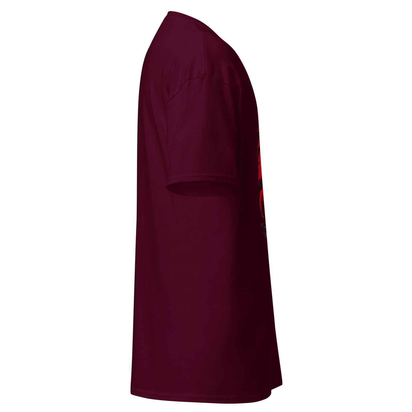 Side view of Maroon Crowsworn Crimson Scythe T-shirt with partial red cape artwork visible near the front.