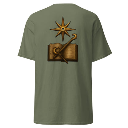 Back view of the Military Green Oblivion Mages Guild Shirt – Arcane Emblem Design with large Mages Guild emblem graphic