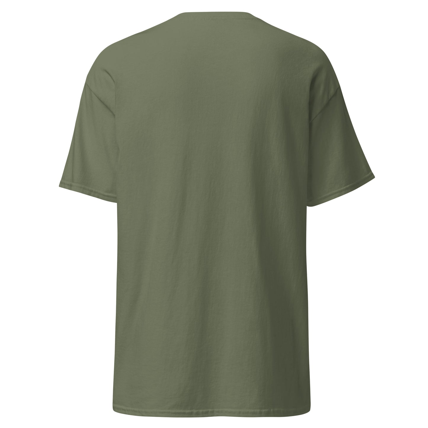 Back view of the Military Green Oblivion Guilds Shirt – Faction Crest Design with clean back and no visible print