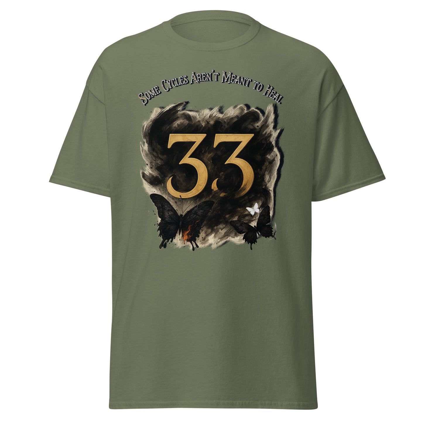 front view of Military green Expedition 33 Cycles That Don’t Heal graphic t-shirt inspired by Clair Obscur Expedition 33.