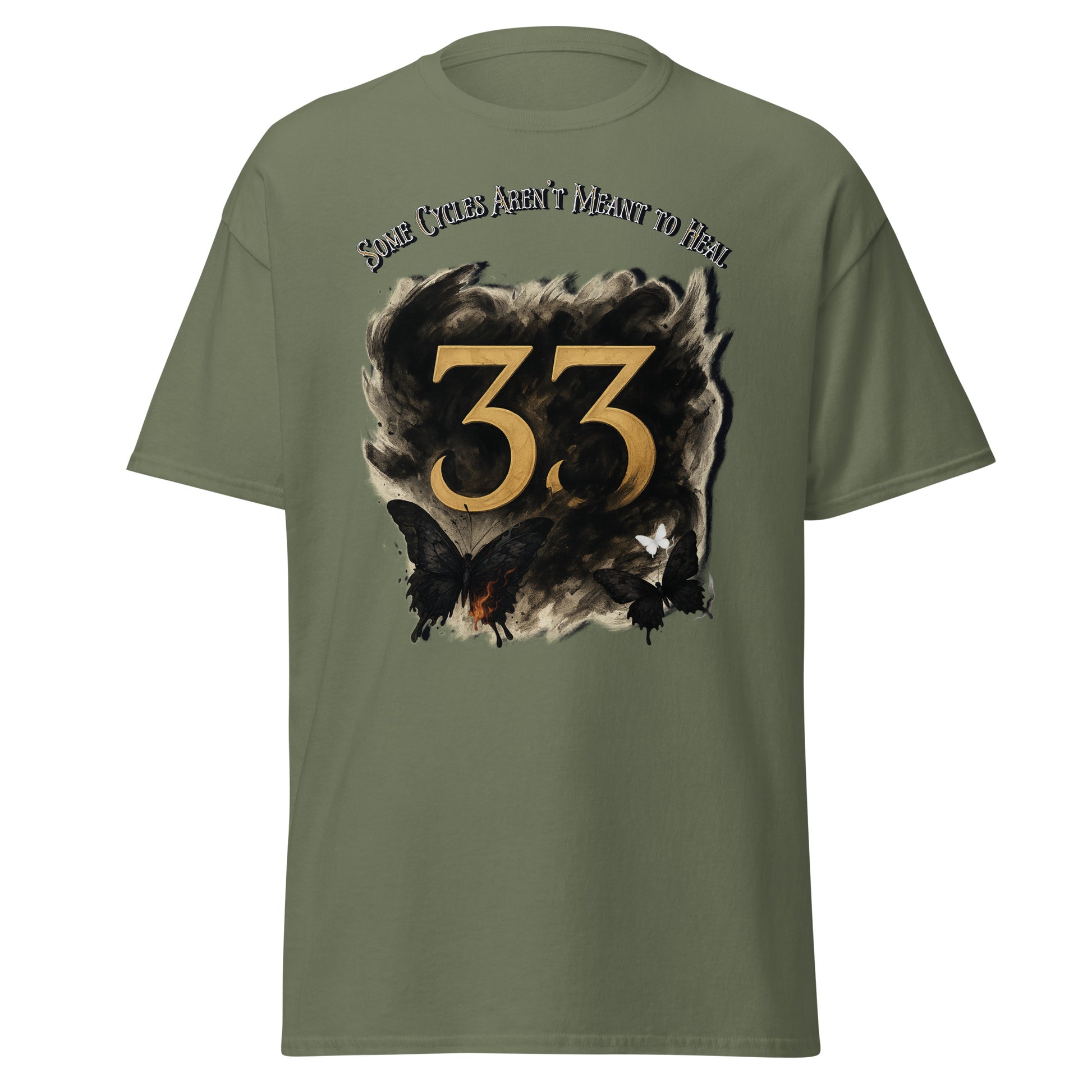front view of Military green Expedition 33 Cycles That Don’t Heal graphic t-shirt inspired by Clair Obscur Expedition 33.