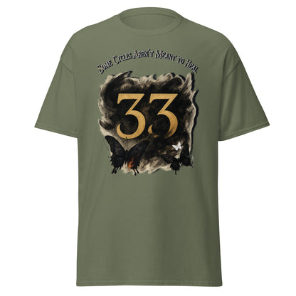 front view of Military green Expedition 33 Cycles That Don’t Heal graphic t-shirt inspired by Clair Obscur Expedition 33.