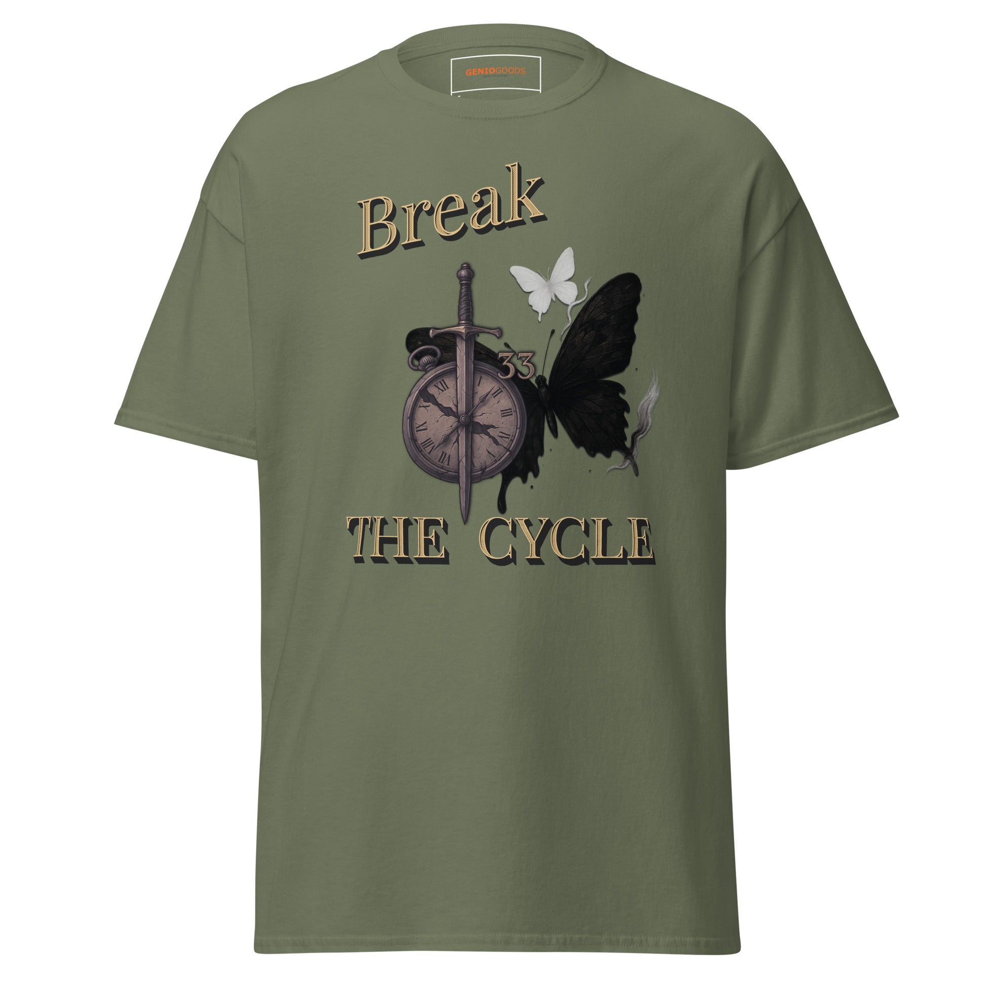 Front view of Military green Expedition 33 Break the Cycle graphic t-shirt inspired by Clair Obscur Expedition 33.