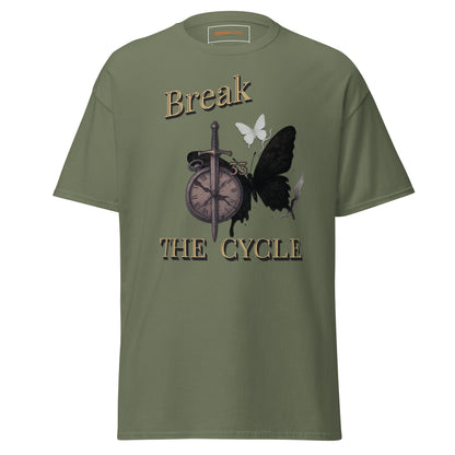 Front view of Military green Expedition 33 Break the Cycle graphic t-shirt inspired by Clair Obscur Expedition 33.