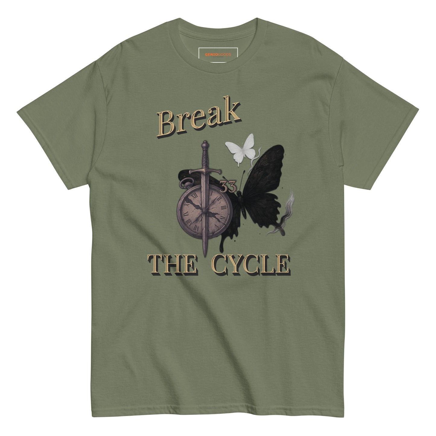 Front view of Military green Expedition 33 Break the Cycle graphic t-shirt inspired by Clair Obscur Expedition 33.