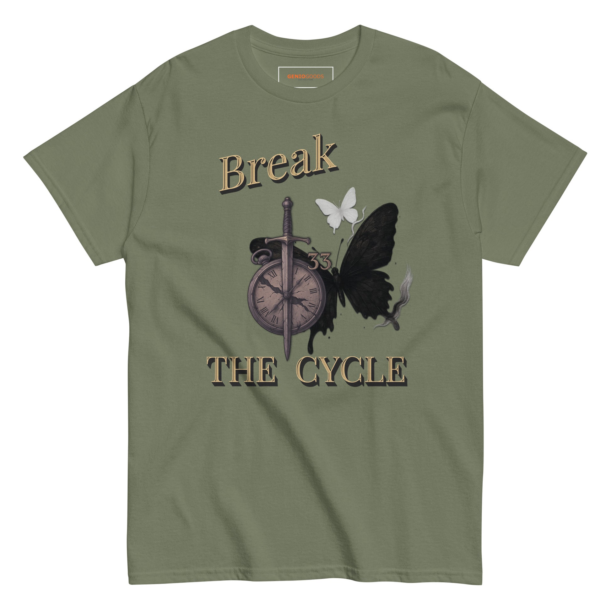 Front view of Military green Expedition 33 Break the Cycle graphic t-shirt inspired by Clair Obscur Expedition 33.