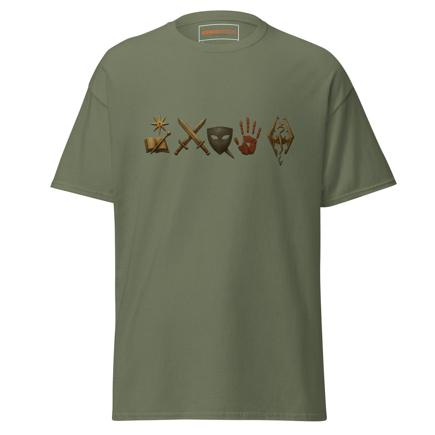 Front view of the Military Green Oblivion Mages Guild Shirt – Arcane Emblem Design with chest row of arcane symbols