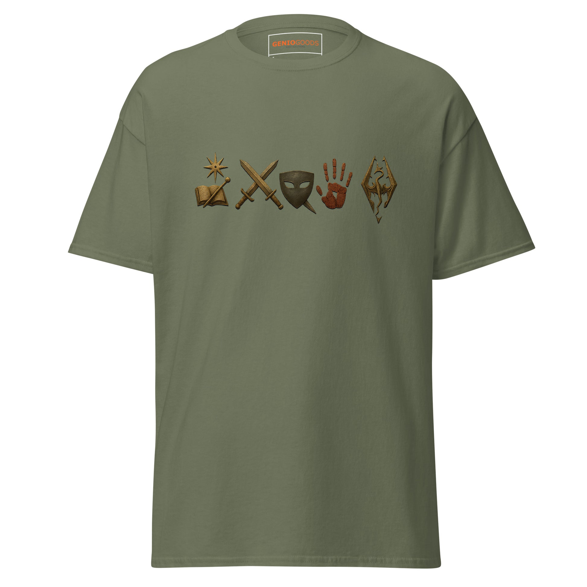 Front view of the Military Green Oblivion Mages Guild Shirt – Arcane Emblem Design with chest row of arcane symbols