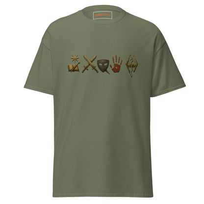 Front view of the Military Green Oblivion Mages Guild Shirt – Arcane Emblem Design with chest row of arcane symbols