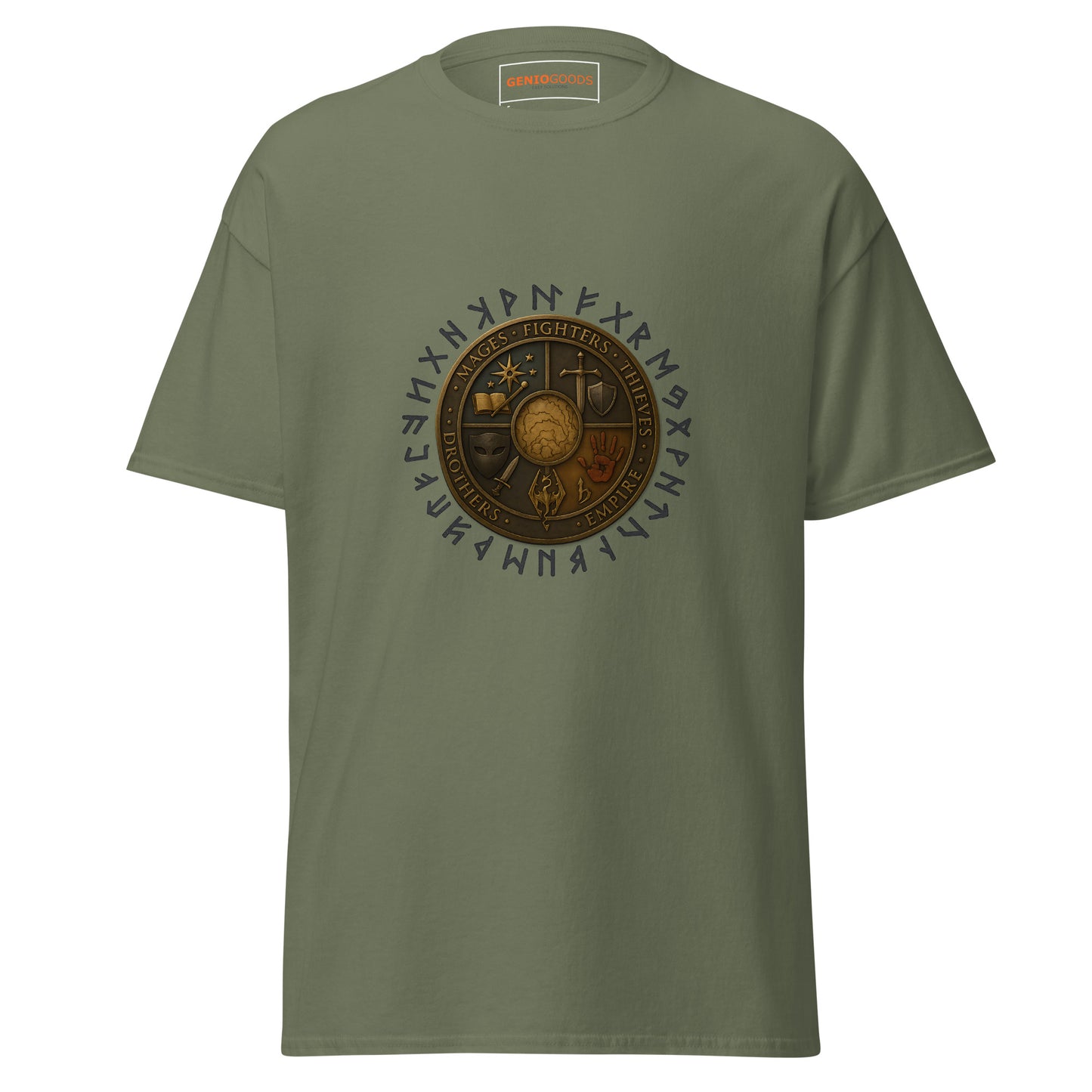 Front view of the Military Green Oblivion Guilds Shirt – Faction Crest Design with circular faction crest on the chest
