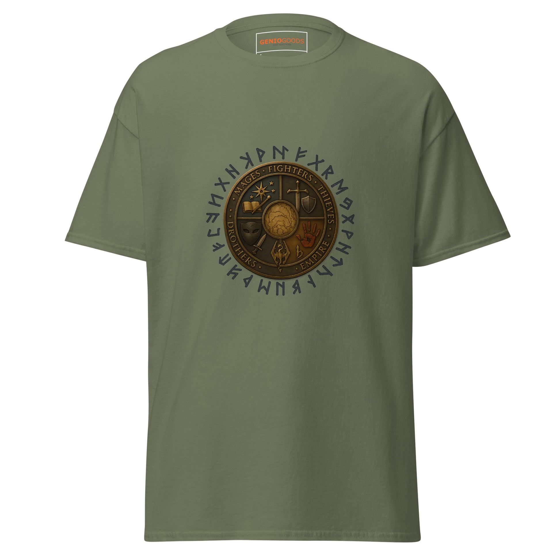 Front view of the Military Green Oblivion Guilds Shirt – Faction Crest Design with circular faction crest on the chest