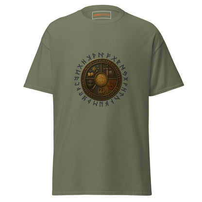 Front view of the Military Green Oblivion Guilds Shirt – Faction Crest Design with circular faction crest on the chest