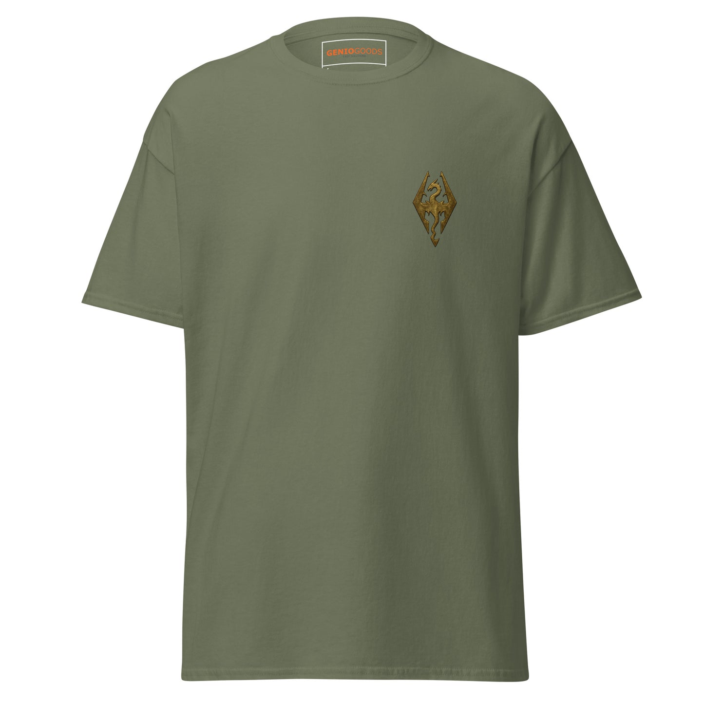 Front view of the Oblivion Imperial City Shirt – White Gold Tower Design with small chest emblem on the front
