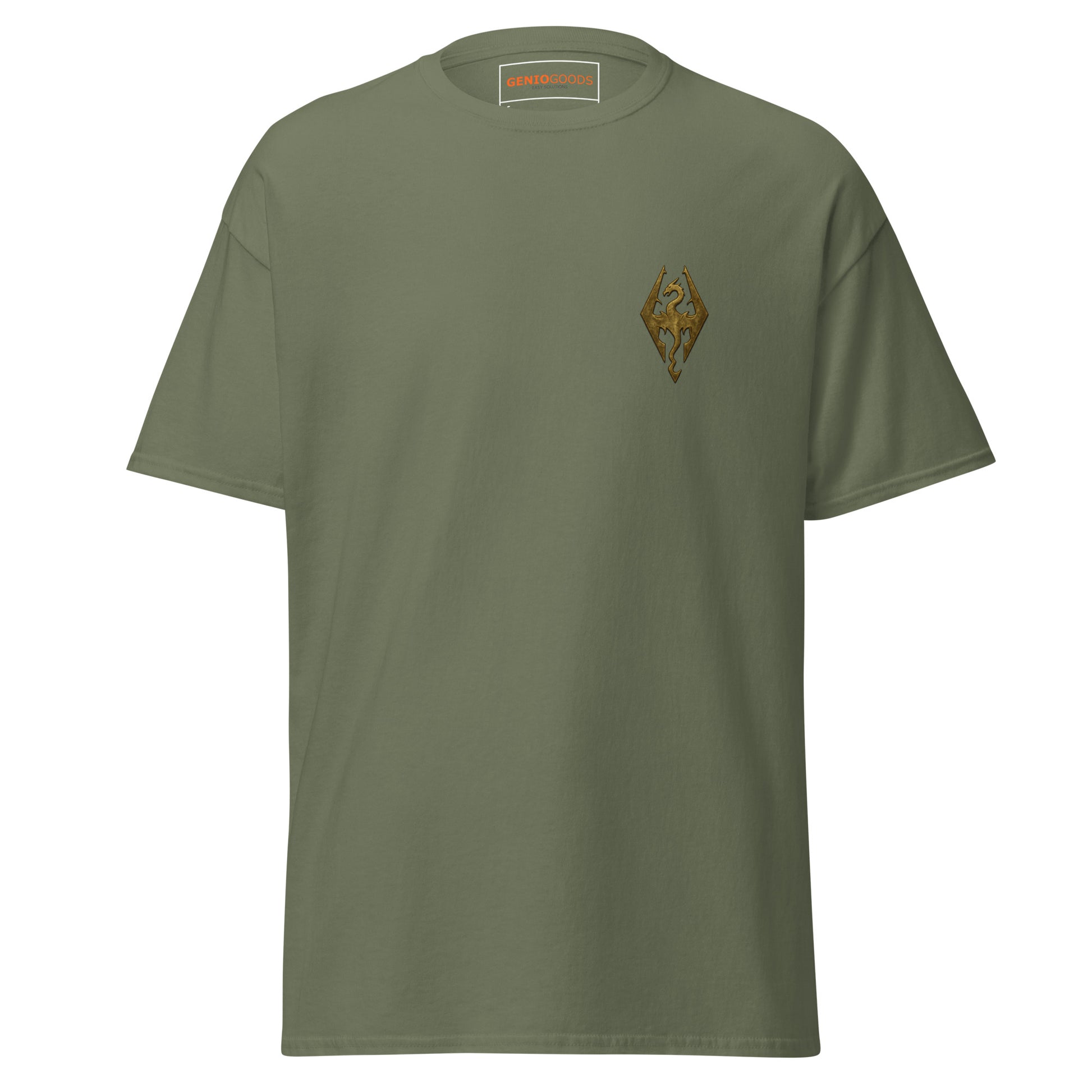 Front view of the Oblivion Imperial City Shirt – White Gold Tower Design with small chest emblem on the front