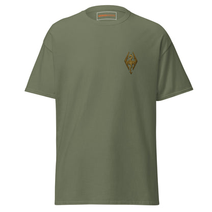 Front view of the Oblivion Imperial City Shirt – White Gold Tower Design with small chest emblem on the front