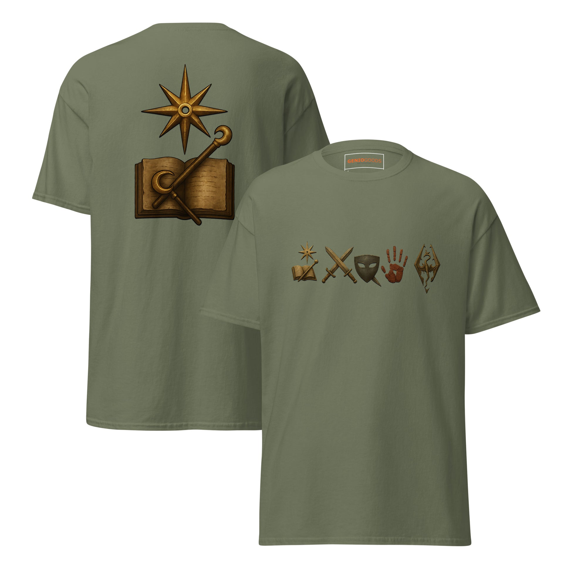 Front and back view of the Military Green Oblivion Mages Guild Shirt – Arcane Emblem Design with chest symbols and large back graphic