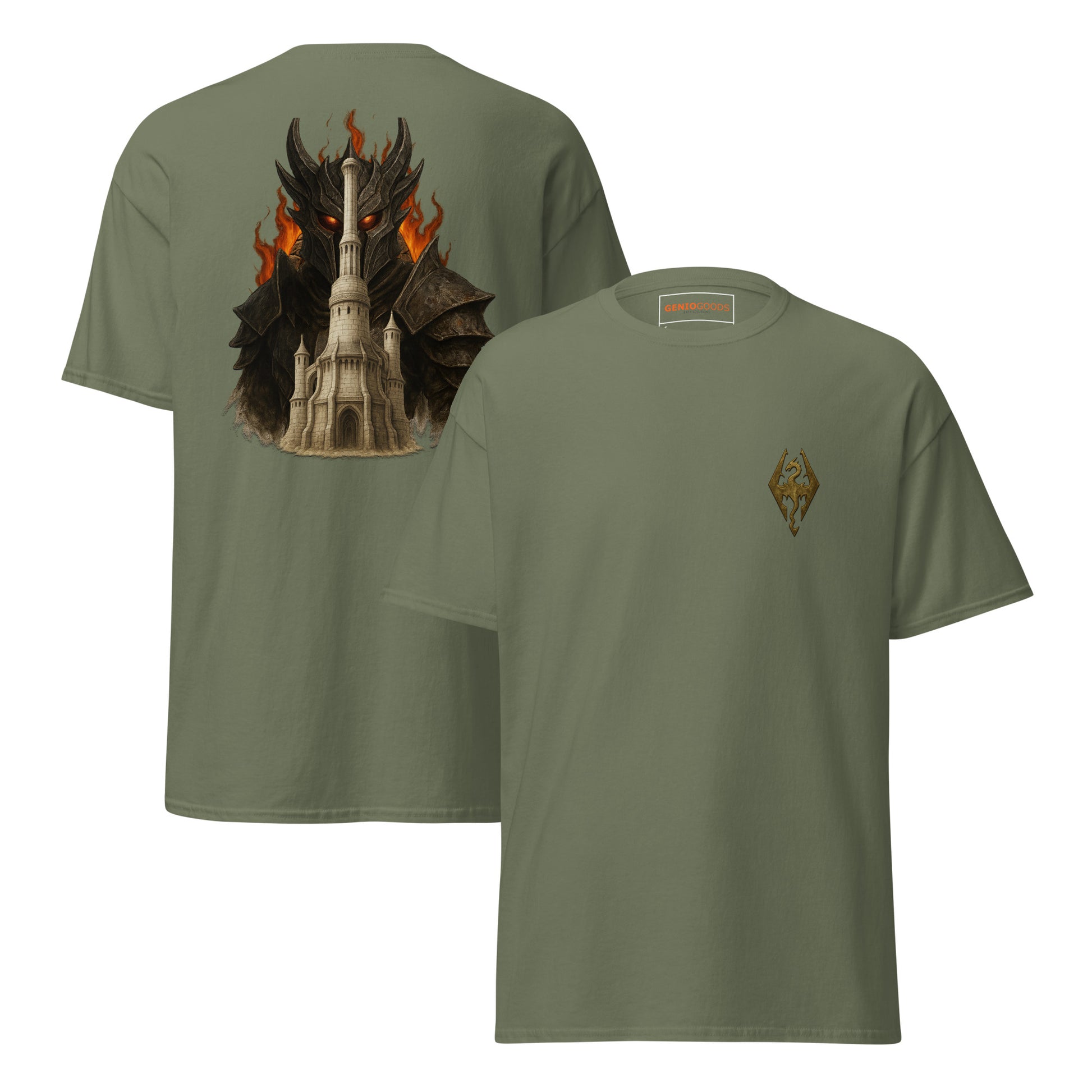 Front and back view of the Oblivion Imperial City Shirt – White Gold Tower Design with chest sigil and large White Gold Tower back graphic