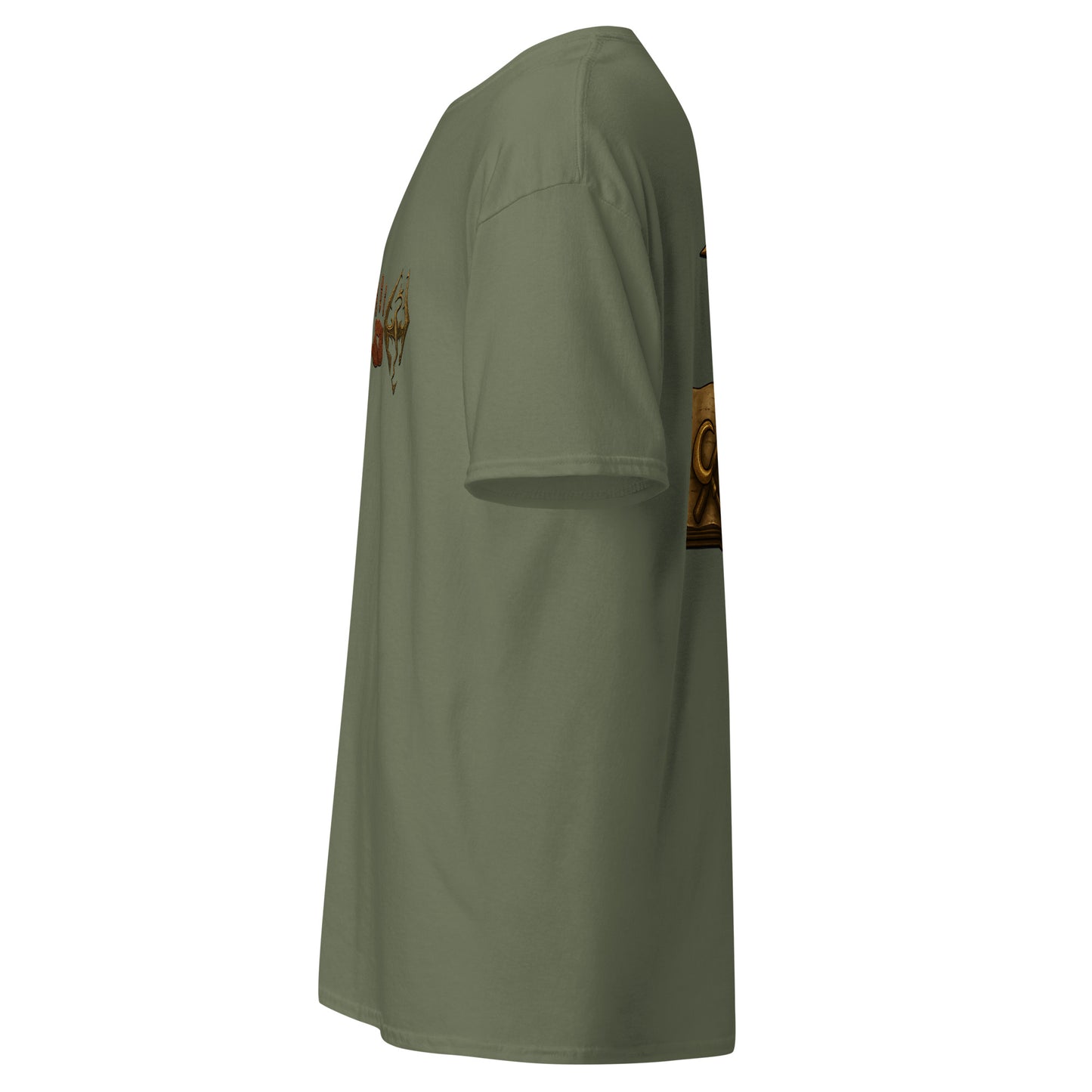 Left side view of the Military Green Oblivion Mages Guild Shirt – Arcane Emblem Design highlighting side silhouette and fit