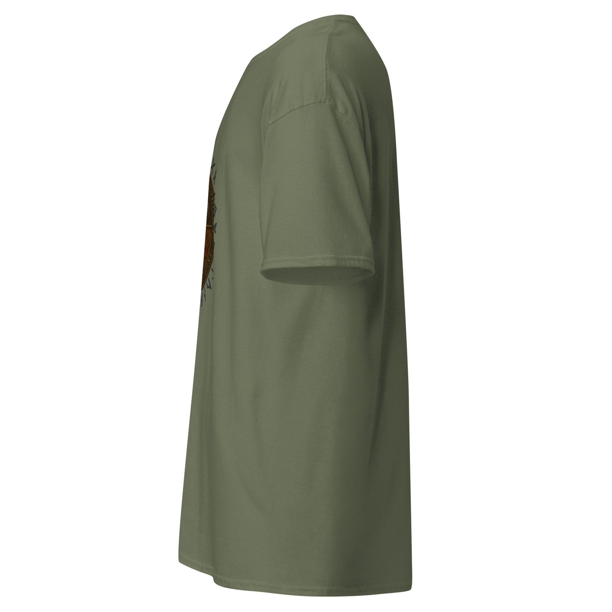 Left side view of the Military Green Oblivion Guilds Shirt – Faction Crest Design highlighting side silhouette and fit