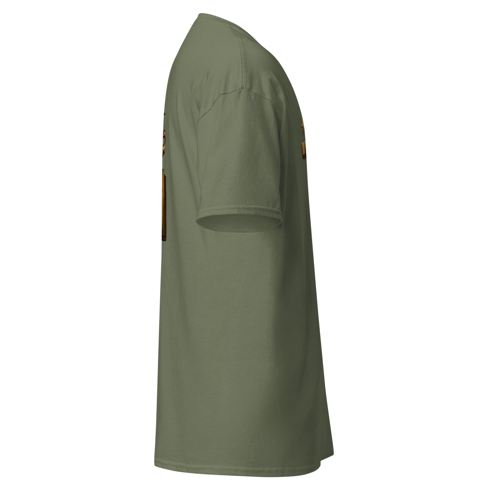 Right side view of the Military Green Oblivion Mages Guild Shirt – Arcane Emblem Design showing side profile and sleeve shape