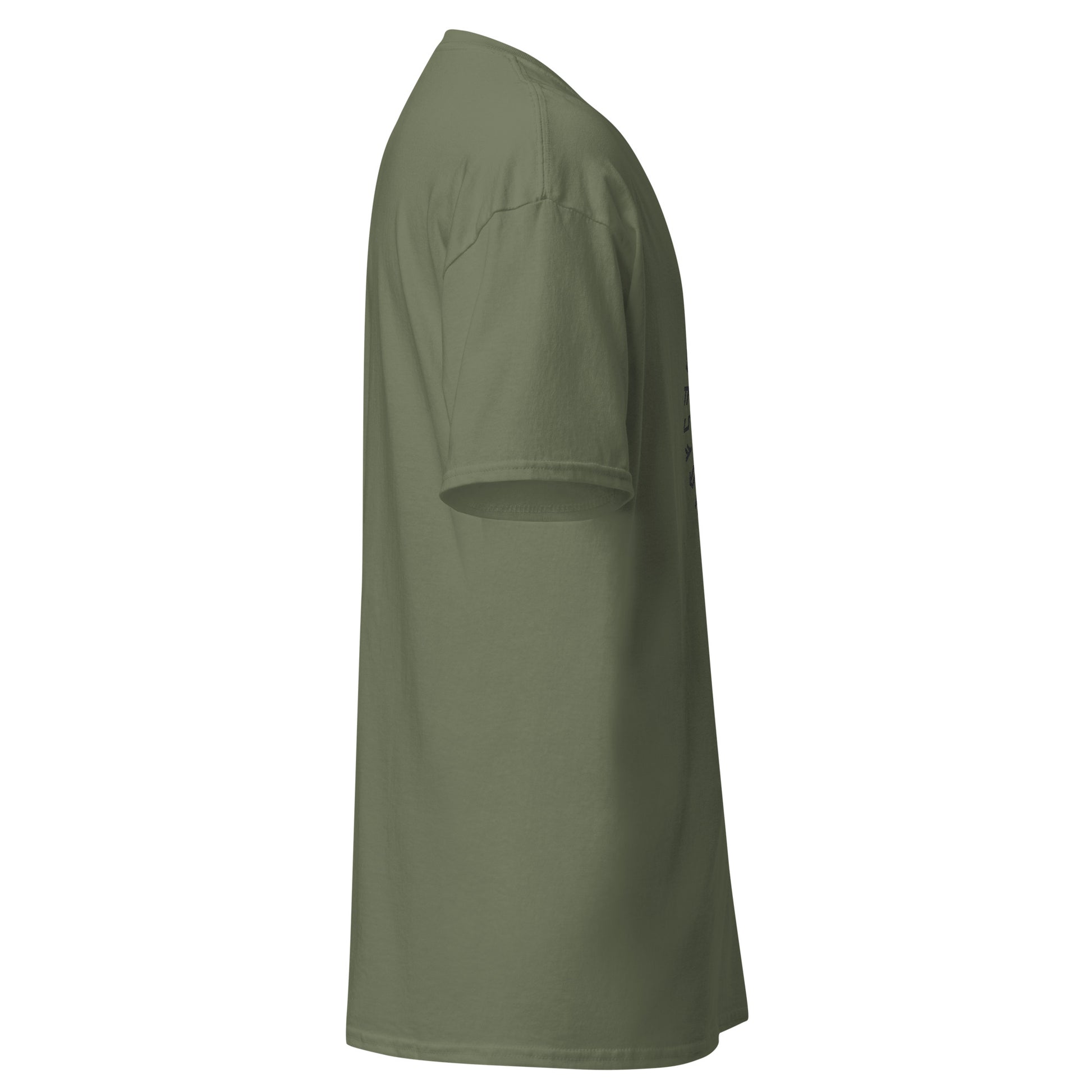 Right side view of the Military Green Oblivion Guilds Shirt – Faction Crest Design showing side profile and sleeve shape
