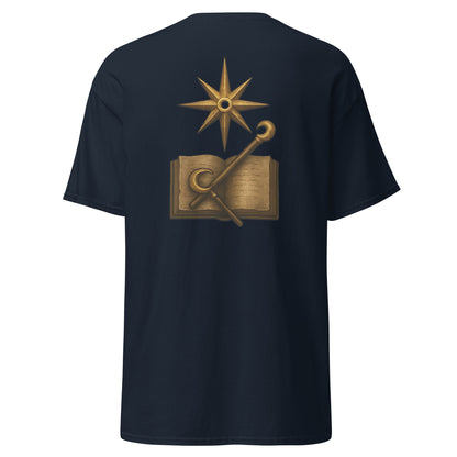 Back view of the Navy Oblivion Mages Guild Shirt – Arcane Emblem Design with large Mages Guild emblem graphic