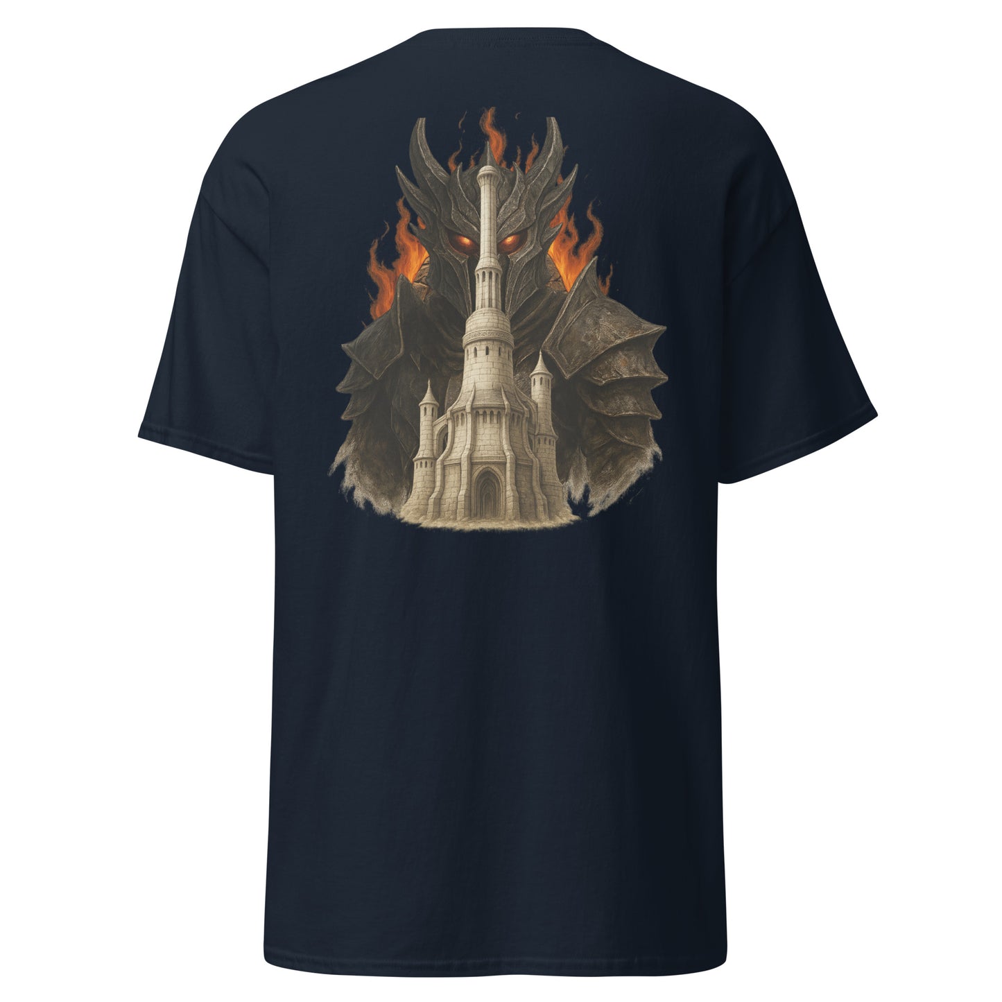 Back view of the Navy Oblivion Imperial City Shirt – White Gold Tower Design with clean back and no visible print