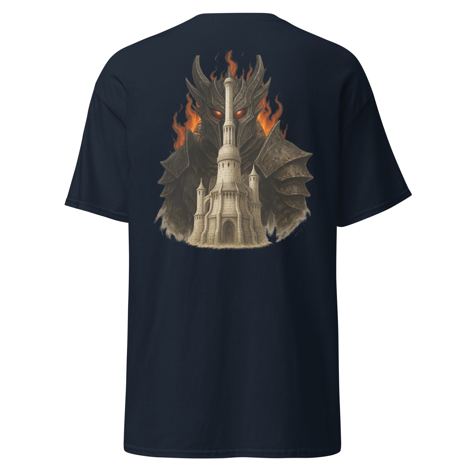 Back view of the Navy Oblivion Imperial City Shirt – White Gold Tower Design with clean back and no visible print
