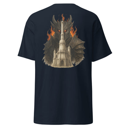 Back view of the Navy Oblivion Imperial City Shirt – White Gold Tower Design with clean back and no visible print