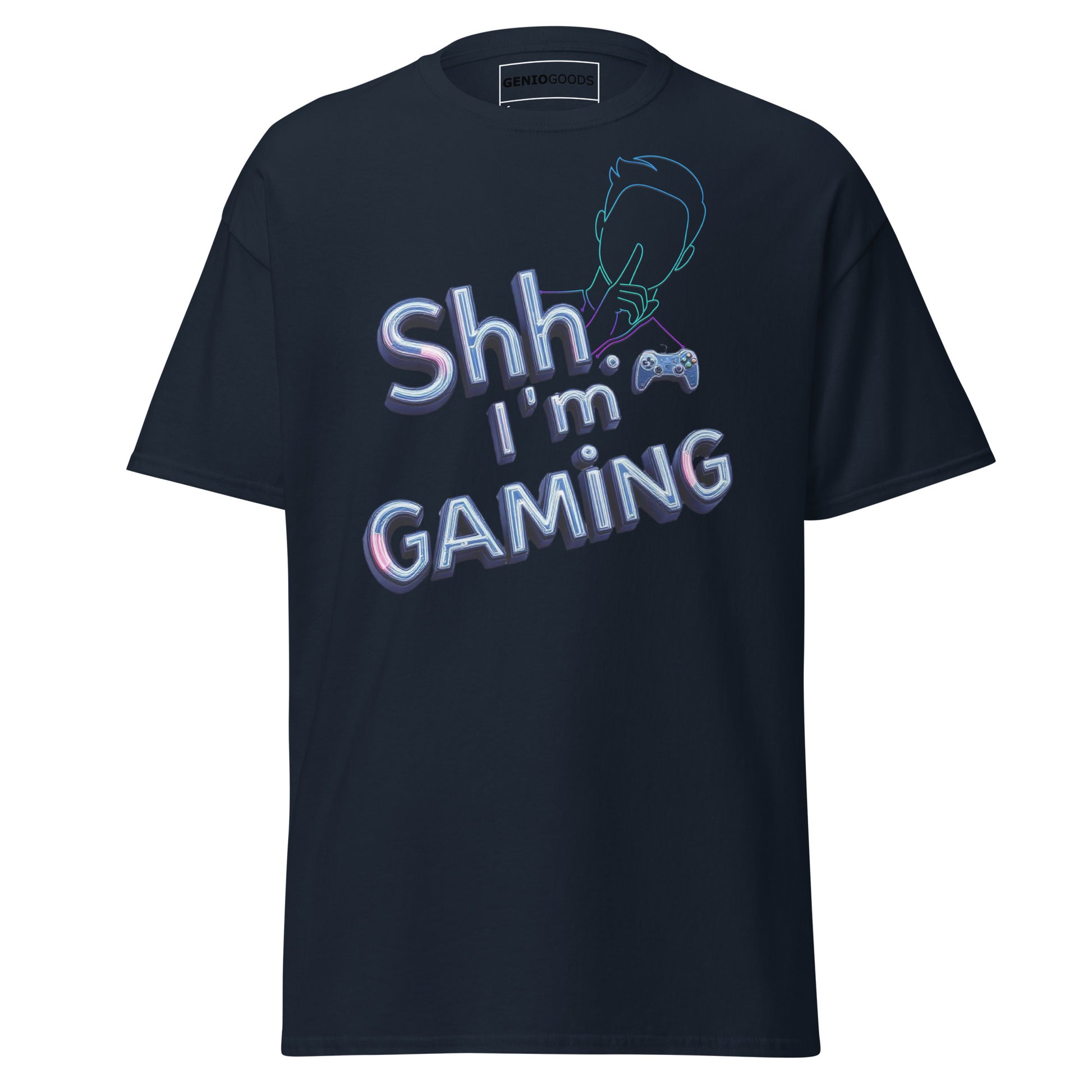 Shh I'm Gaming T-Shirt – Neon Funny Gamer Quote Design – original gamer merch by GenioGoods