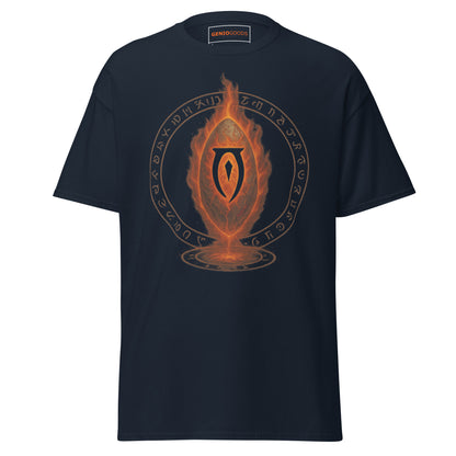 Front view of the Navy Oblivion Gate T Shirt – Fiery Portal Design with large fiery portal graphic on the chest