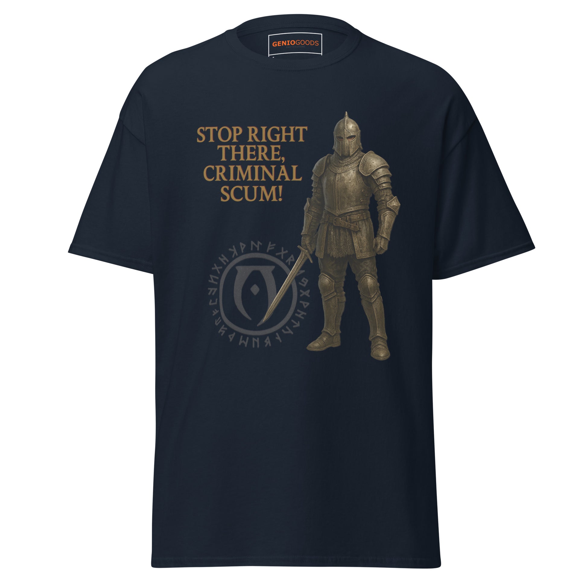 Front view of the Navy Oblivion Guard Shirt – Stop Right There Quote with guard artwork, quote text and crest graphic