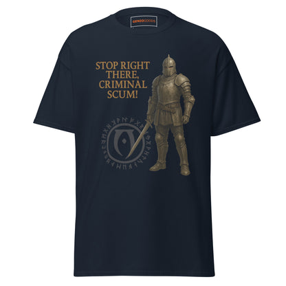 Front view of the Navy Oblivion Guard Shirt – Stop Right There Quote with guard artwork, quote text and crest graphic