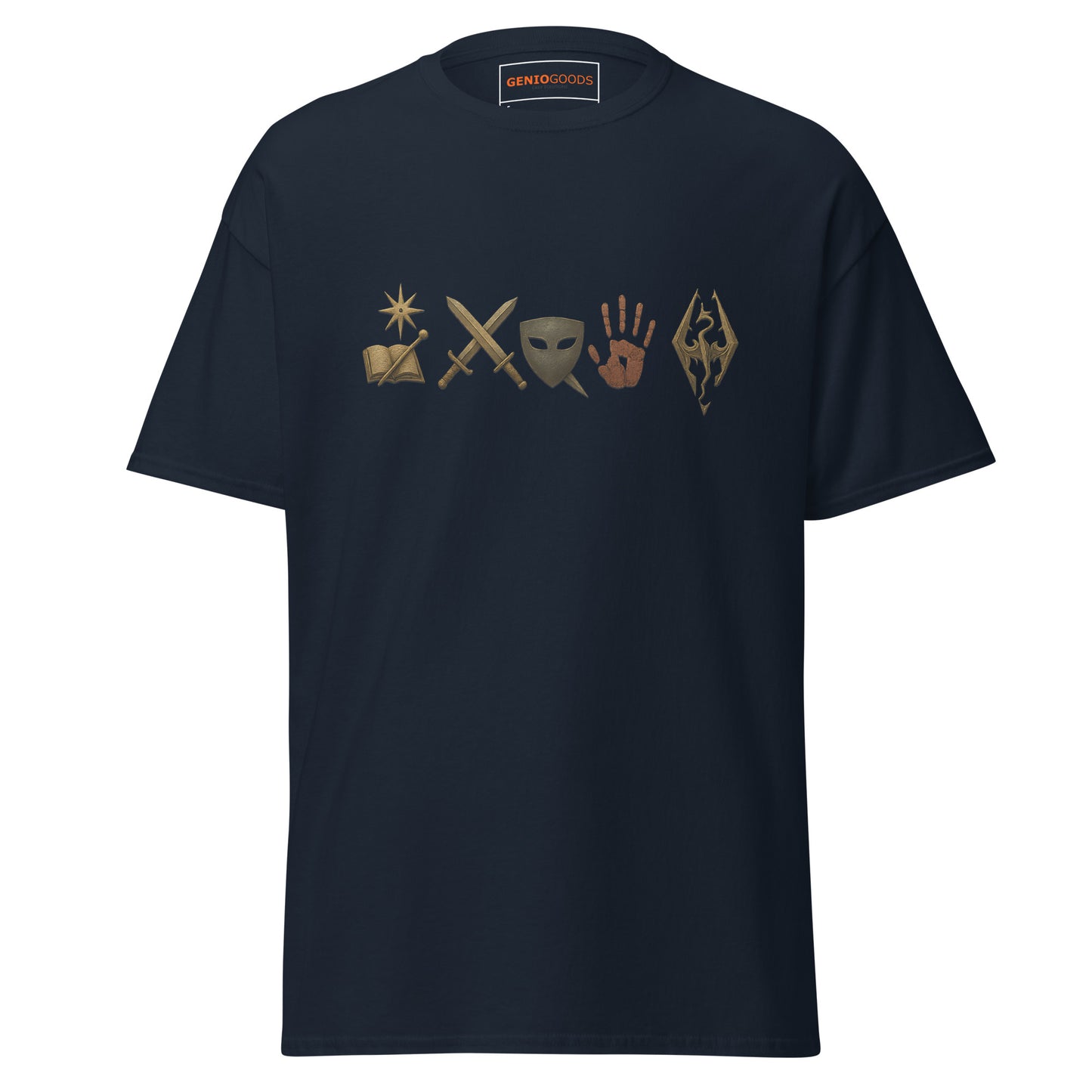 Front view of the Navy Oblivion Mages Guild Shirt – Arcane Emblem Design with chest row of arcane symbols
