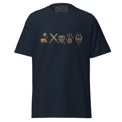 Front view of the Navy Oblivion Mages Guild Shirt – Arcane Emblem Design with chest row of arcane symbols