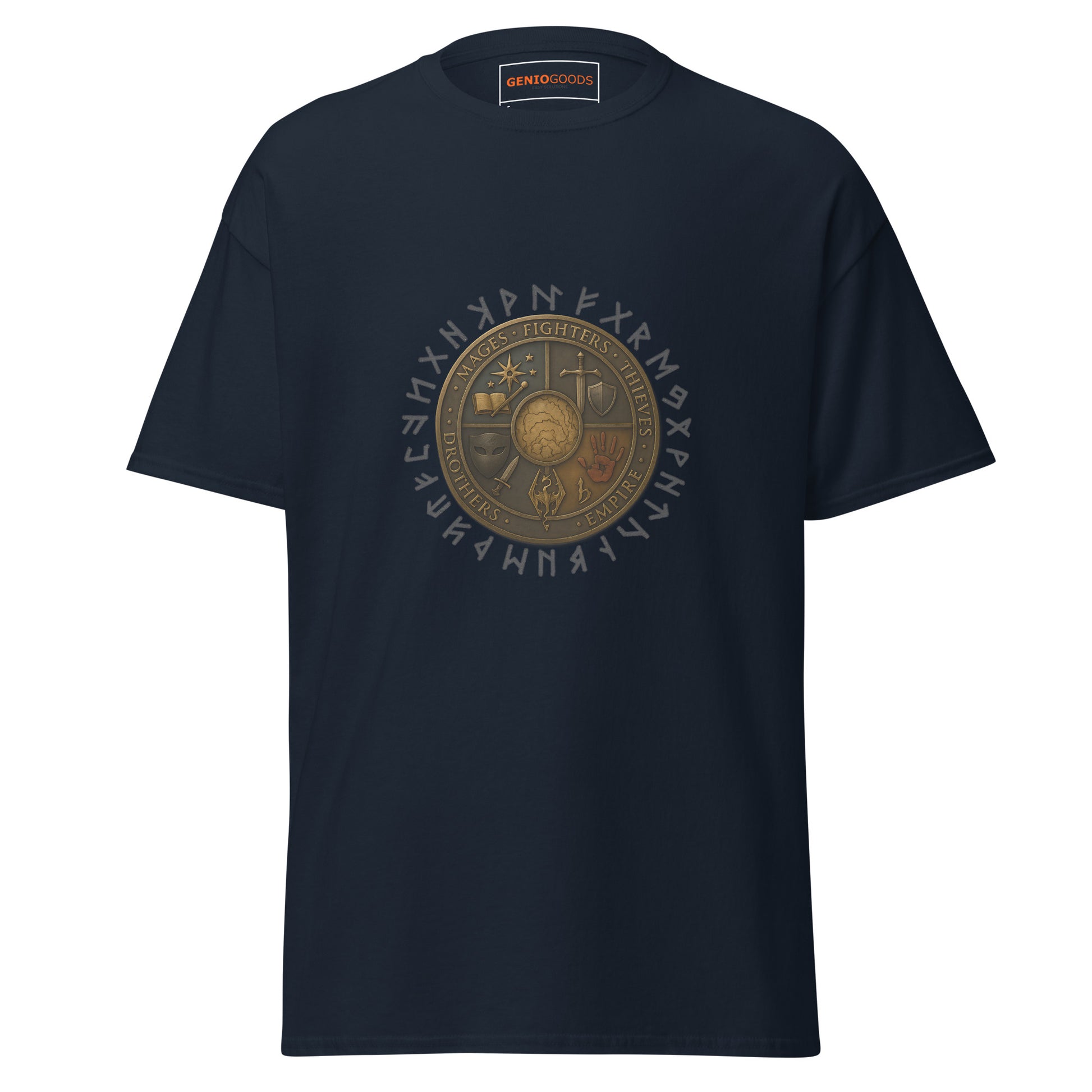 Front view of the Navy Oblivion Guilds Shirt – Faction Crest Design with circular faction crest on the chest