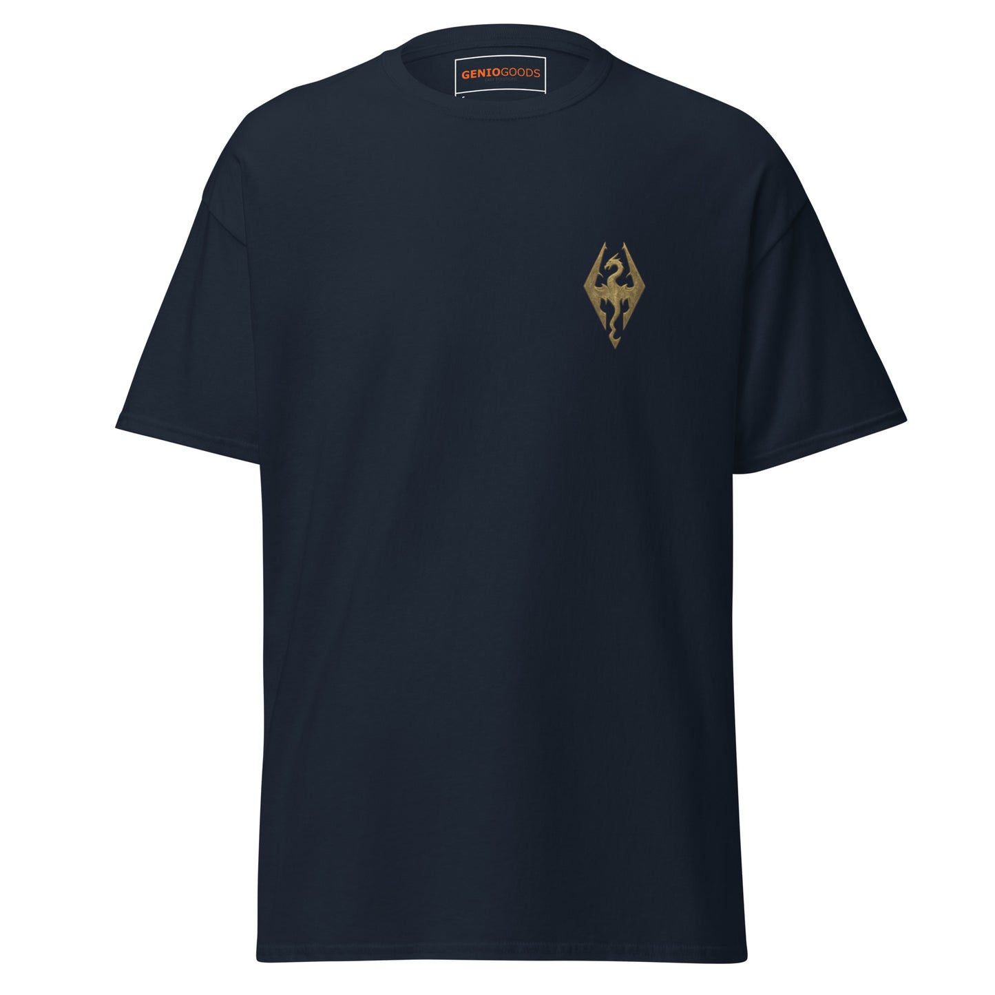 Front view of the Navy Oblivion Imperial City Shirt – White Gold Tower Design with small chest emblem on the front