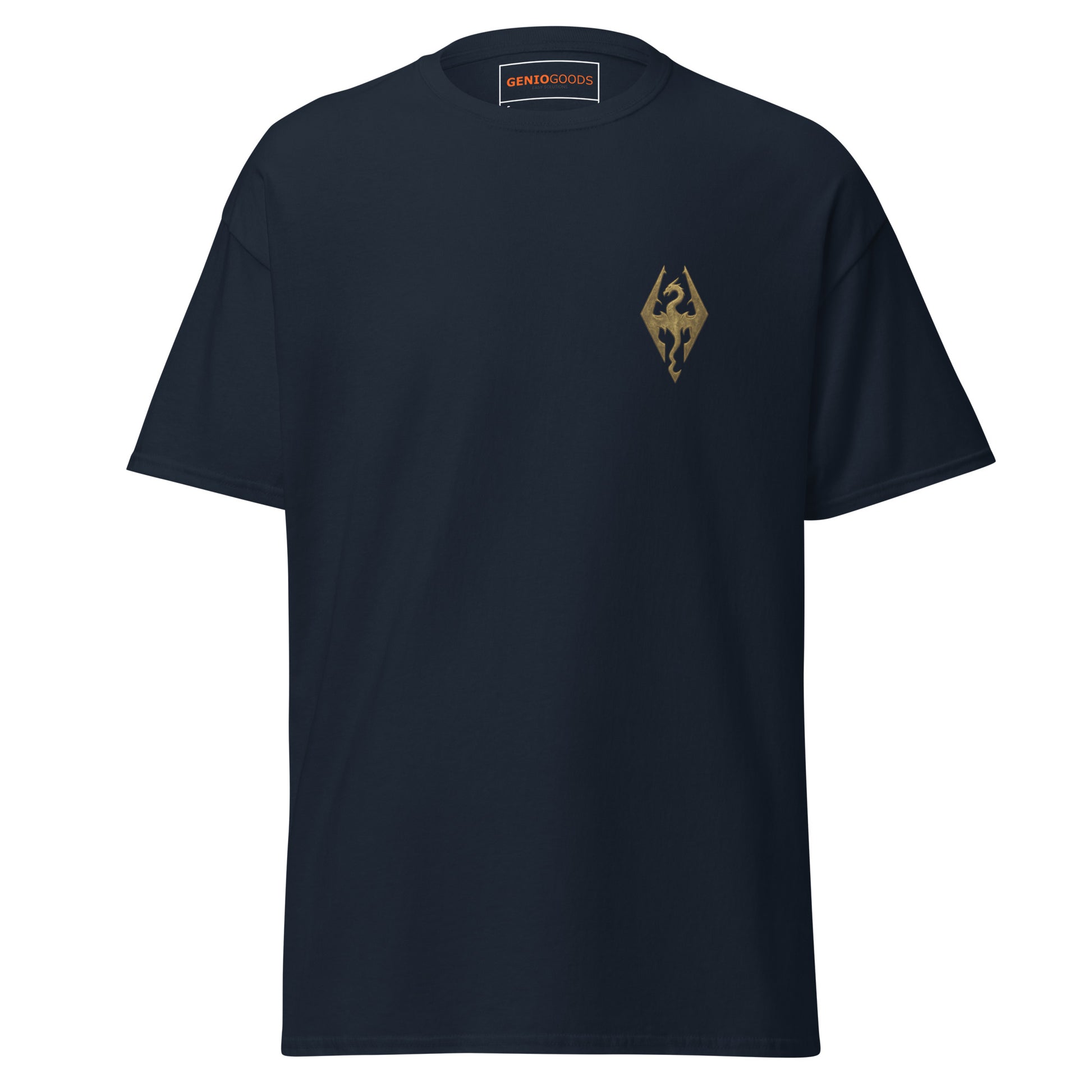Front view of the Navy Oblivion Imperial City Shirt – White Gold Tower Design with small chest emblem on the front