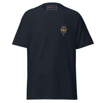 Front view of the Navy Oblivion Imperial City Shirt – White Gold Tower Design with small chest emblem on the front
