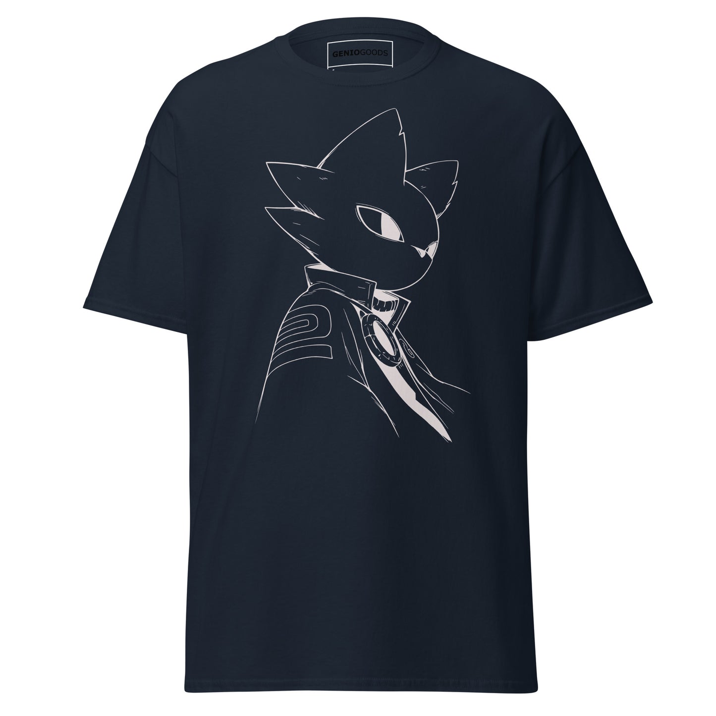 Front view of the navy Nine Sols Silent Resolve Taopunk Portrait T-Shirt featuring a minimalist taopunk character portrait on black fabric
