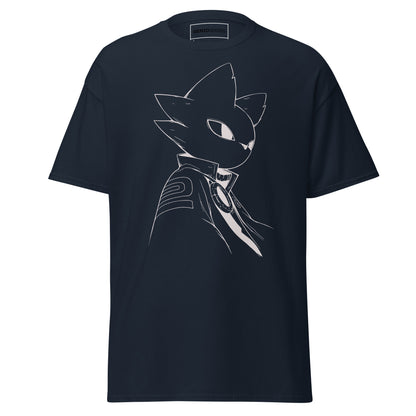 Front view of the navy Nine Sols Silent Resolve Taopunk Portrait T-Shirt featuring a minimalist taopunk character portrait on black fabric